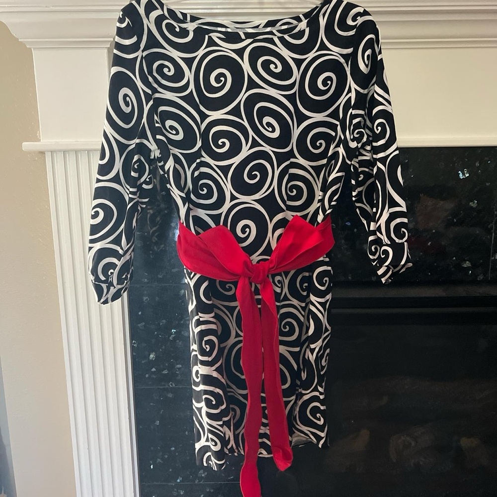 Lolly Wolly Doodle Black and White Swirl Dress with Red Bow Sz M